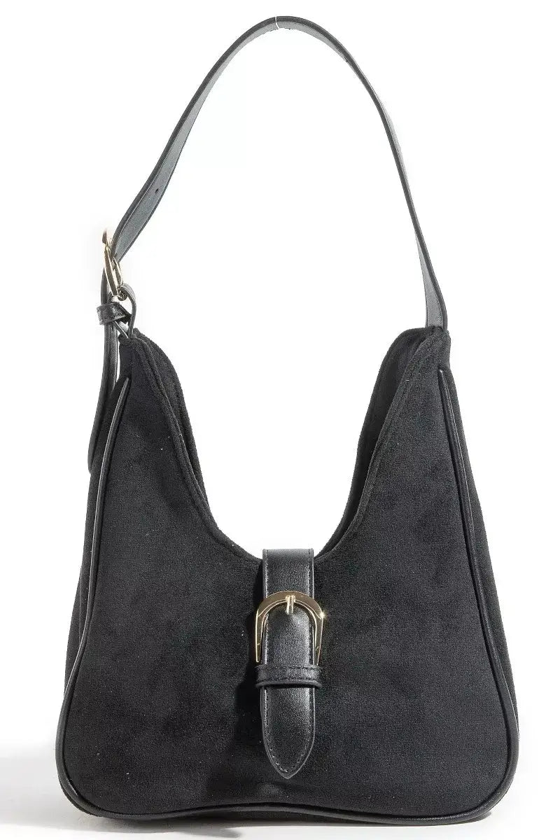 Fame Buckle Accent Faux Suede Hand Bag