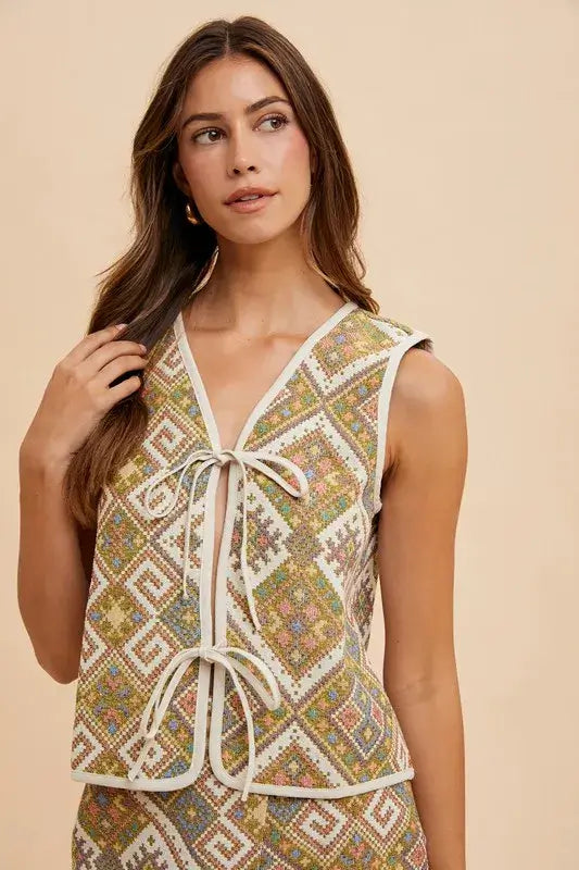 Annie Wear Ethnic Woven Jacquard Tie Front Vest