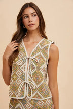Annie Wear Ethnic Woven Jacquard Tie Front Vest