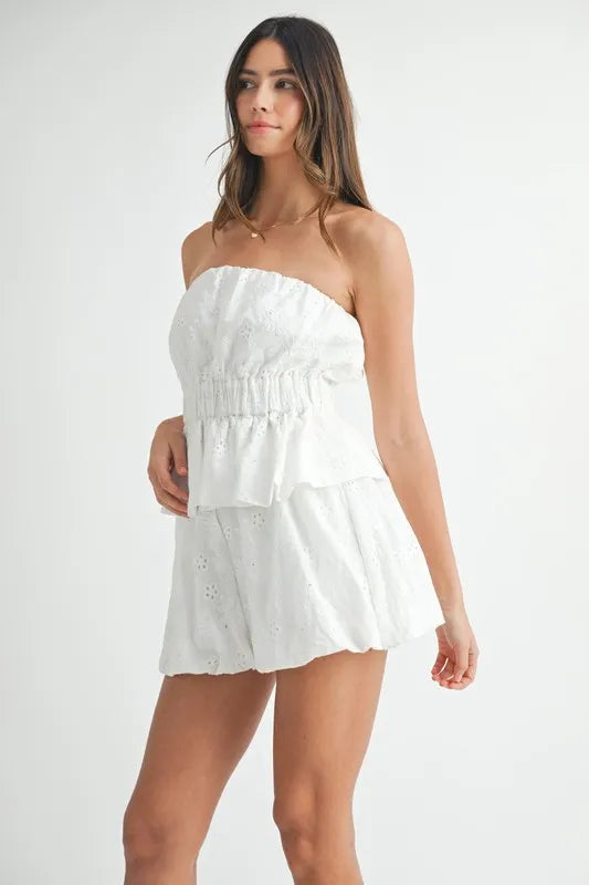 MABLE Floral Eyelet Lace Tube Top and Short Set - felvior