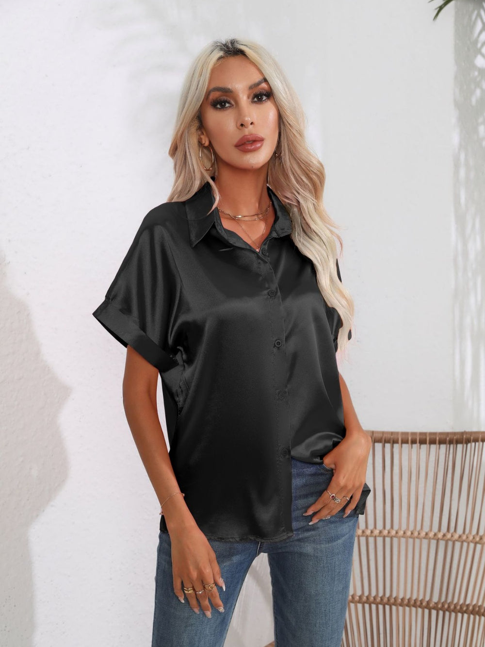 Button Down Collared Neck Short Sleeve Satin Shirt