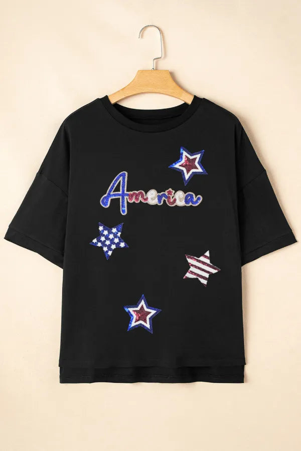 Sequined America Star Round Neck T Shirt