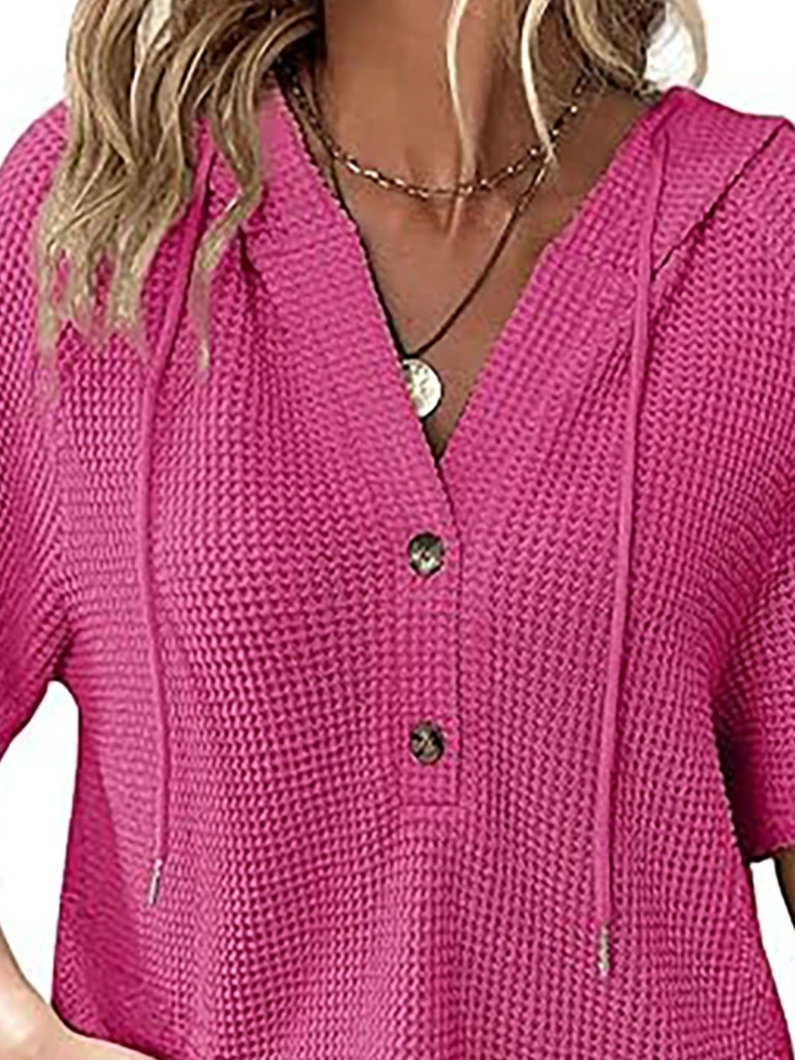 Waffle-Knit Hooded Short Sleeve Blouse - felvior