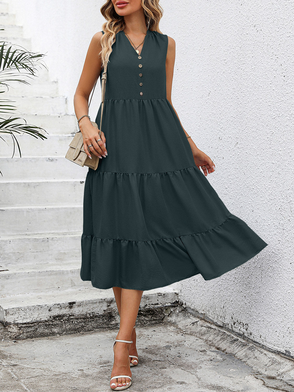 V-Neck Sleeveless Tiered Dress - felvior
