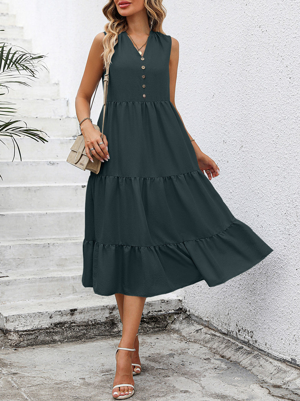 V-Neck Sleeveless Tiered Dress - felvior