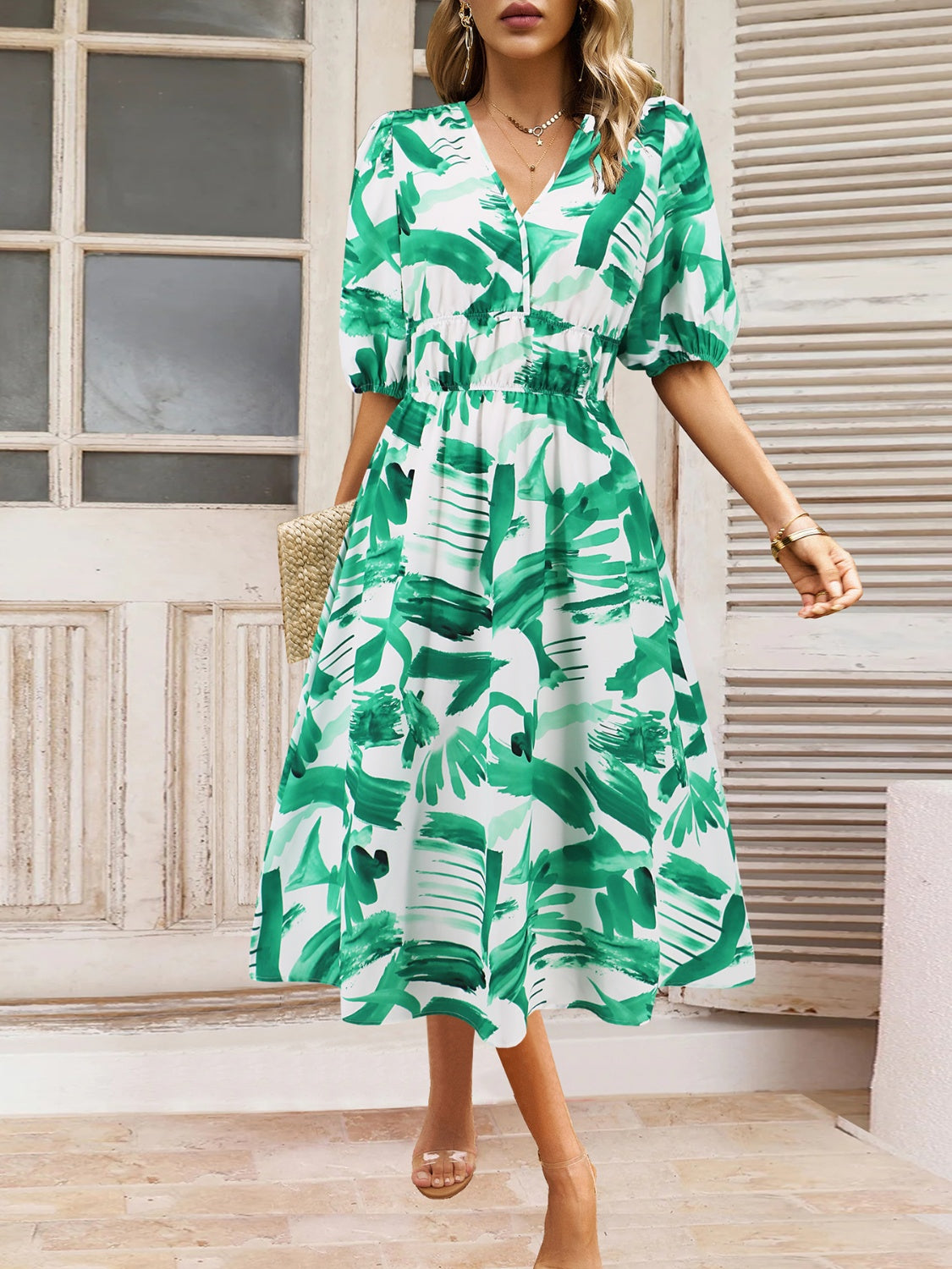 Ruched Printed Surplice Short Sleeve Dress - felvior