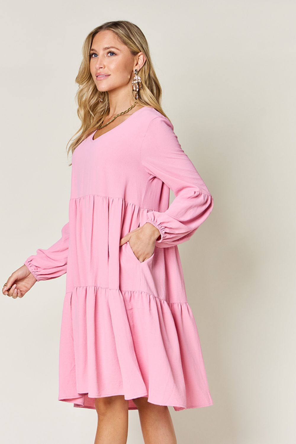 Double Take Full Size V-Neck Balloon Sleeve Tiered Dress with Pockets - felvior