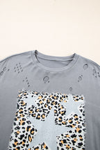 Stars Leopard Graphic Distressed T-Shirt