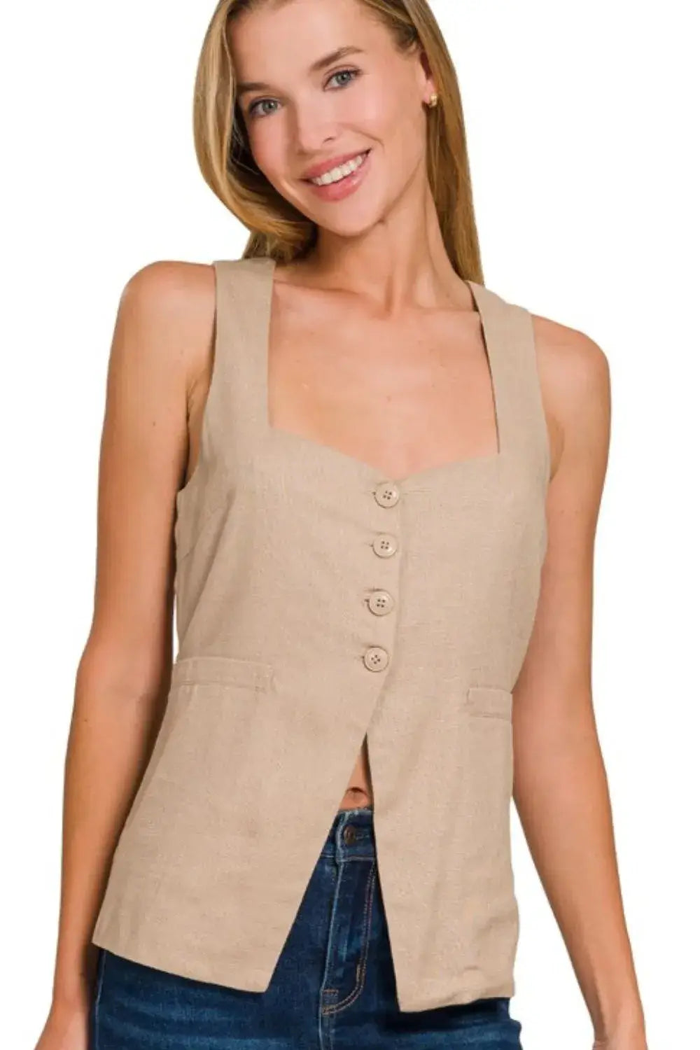 Zenana Linen Tie-back 4-button Vest with Lining Image principale du produit