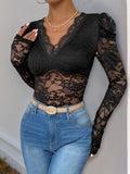 Perfee Lace V-Neck Long Sleeve Bodysuit - felvior