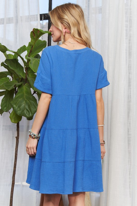 ADORA Tiered Notched Short Sleeve Dress - felvior