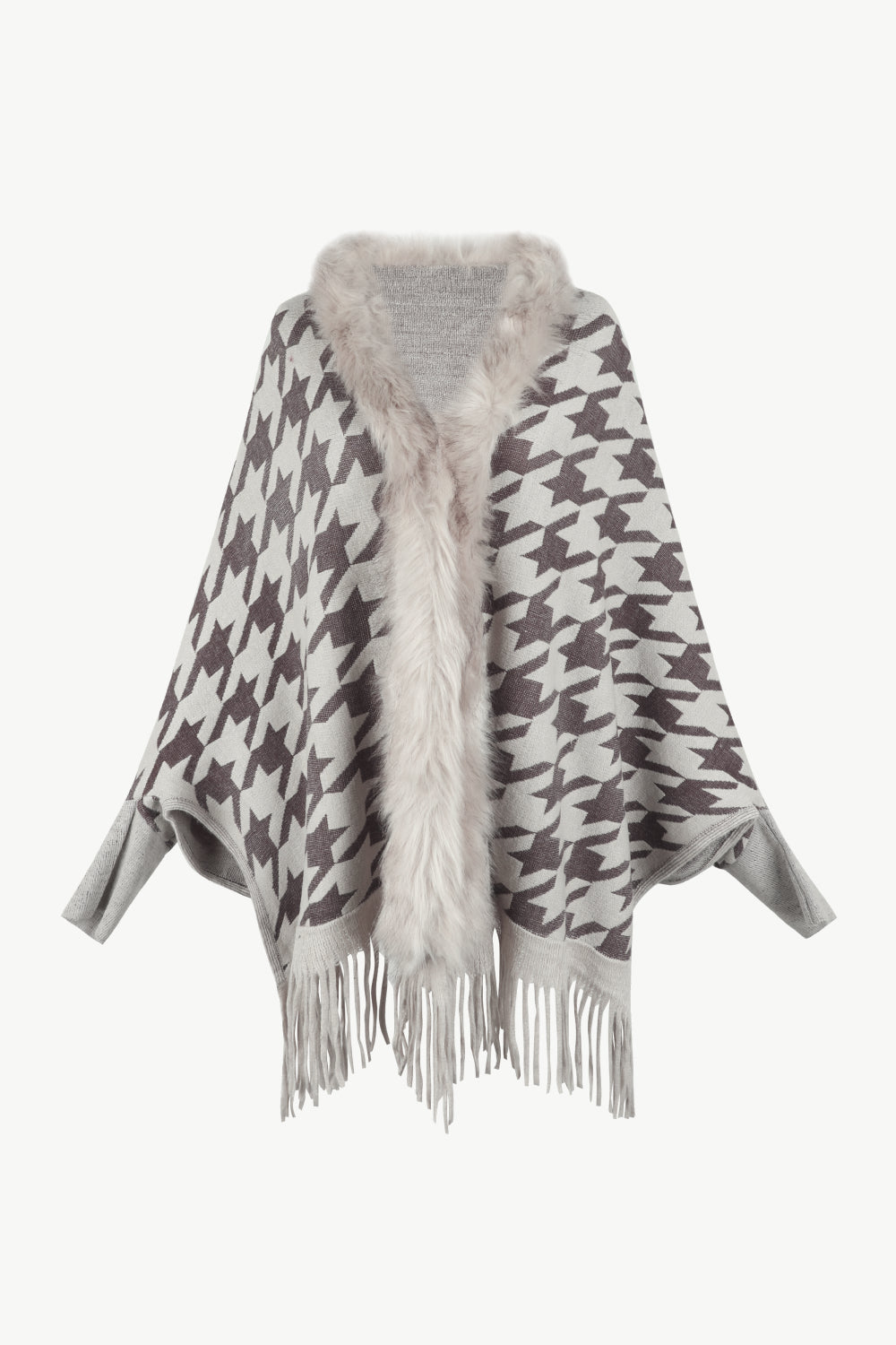 Houndstooth Fringe Hem Poncho - felvior
