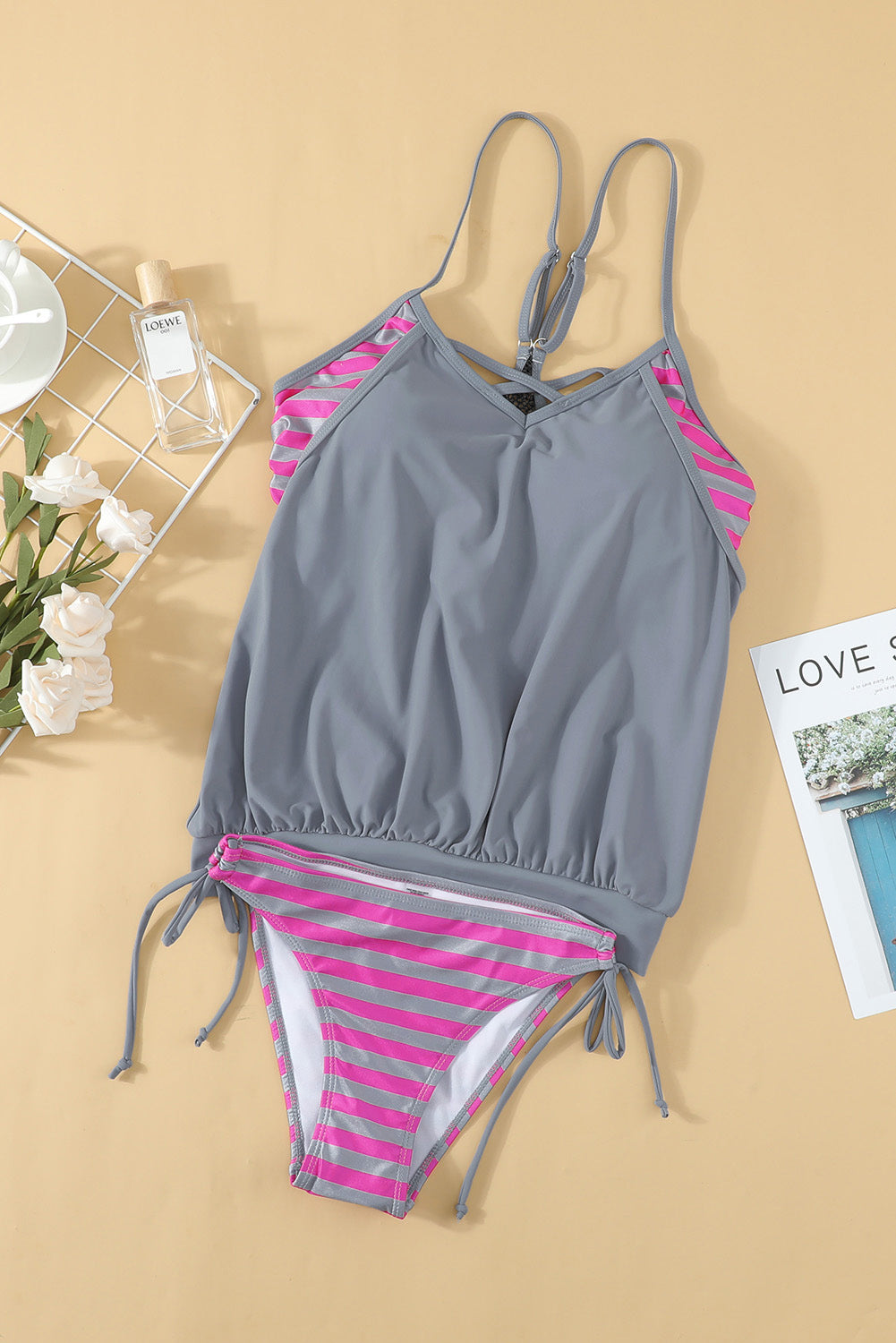 Crisscross Striped Spaghetti Strap Tankini Set - felvior