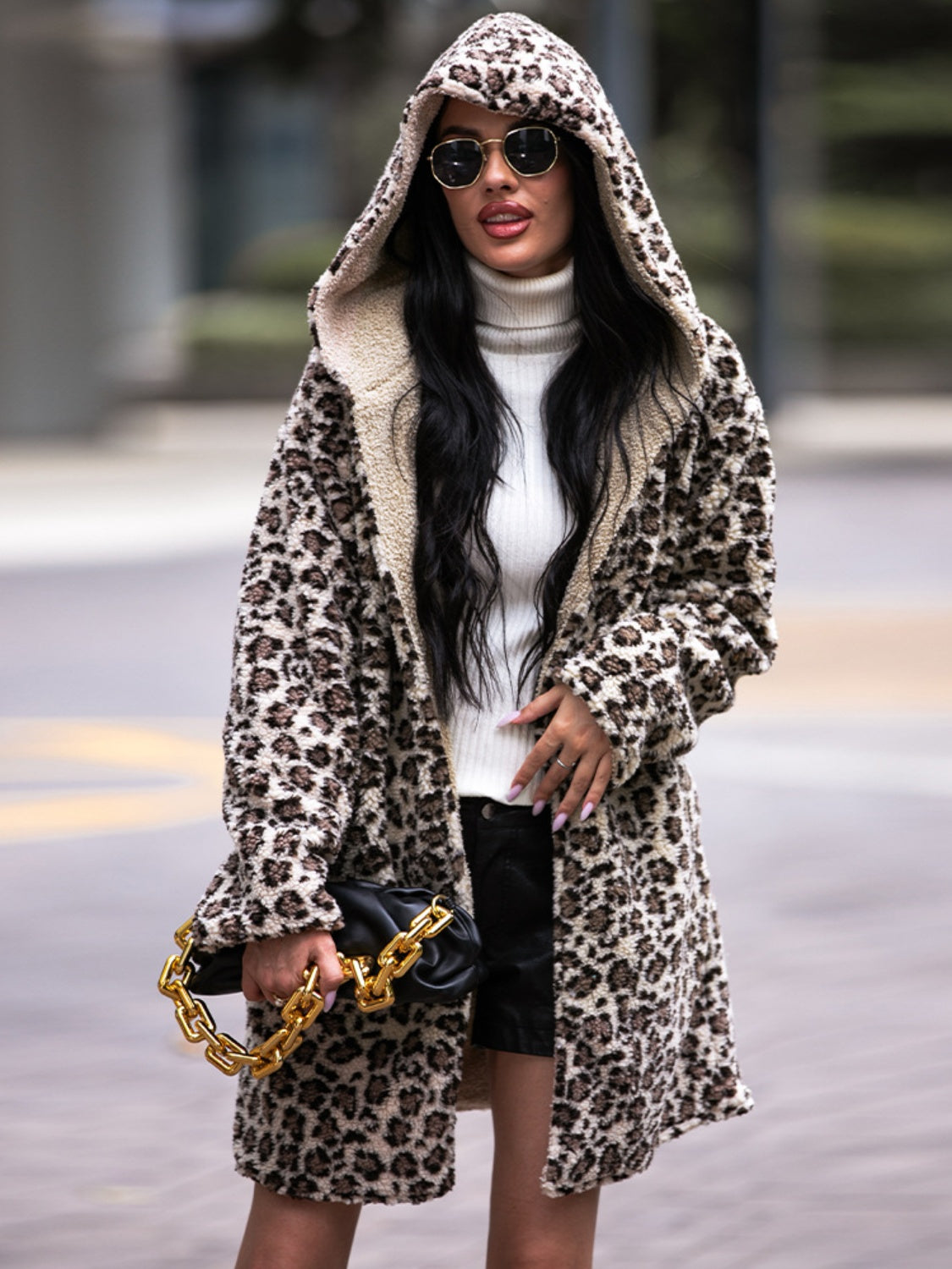 Shiny Leopard Print Hooded Teddy Coat Hauptbild