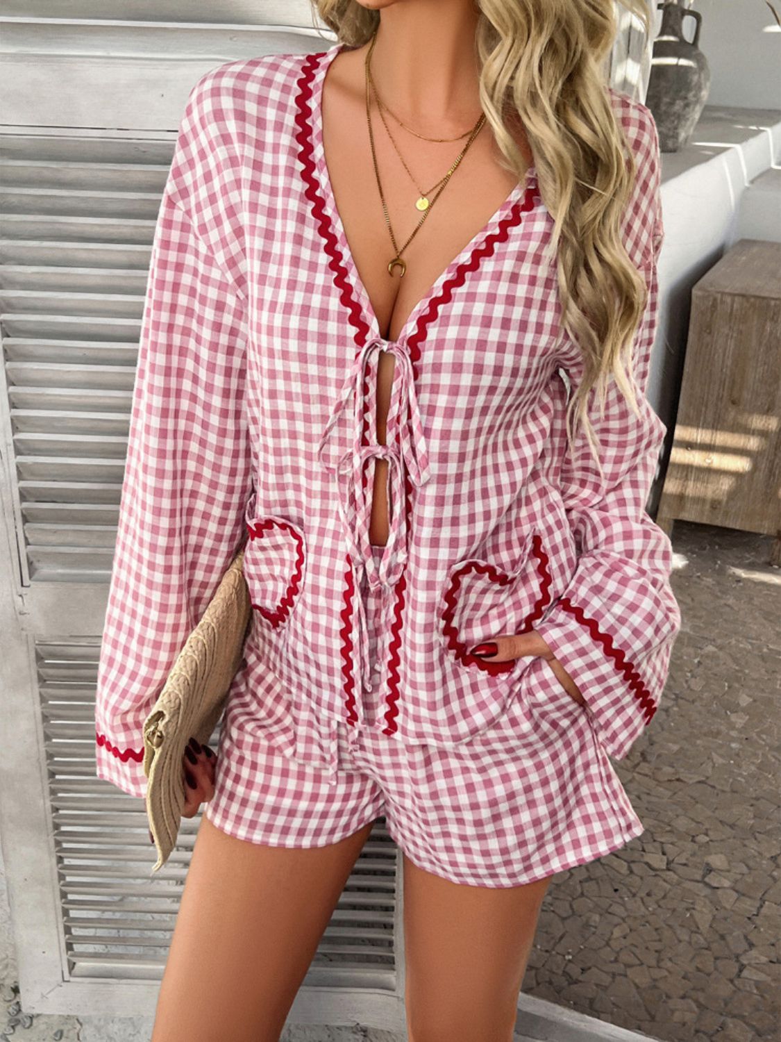Devine Tie Front Contrast Plaid Shirt and Shorts Set