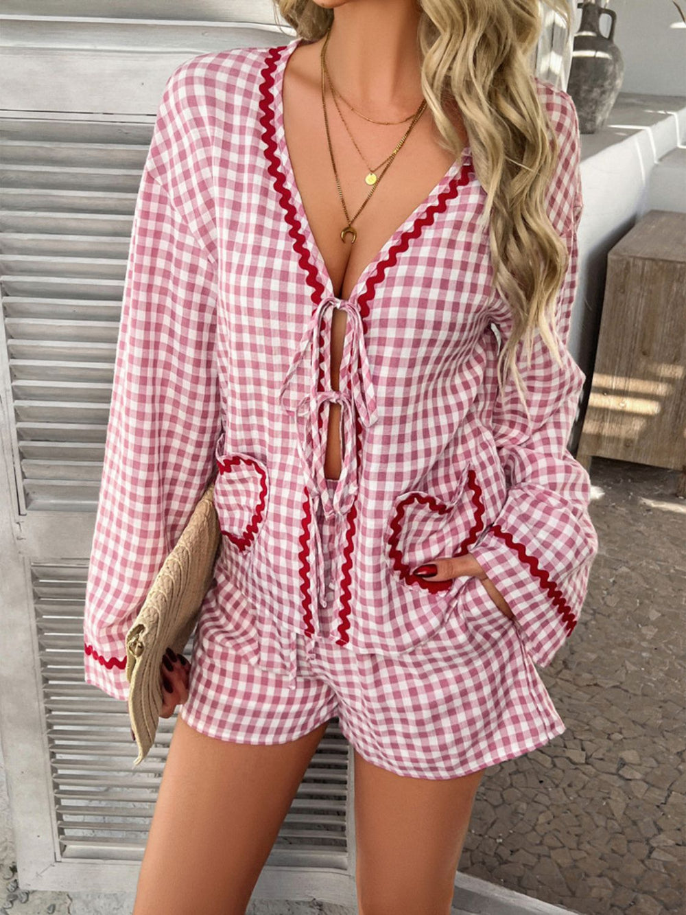 Devine Tie Front Contrast Plaid Shirt and Shorts Set