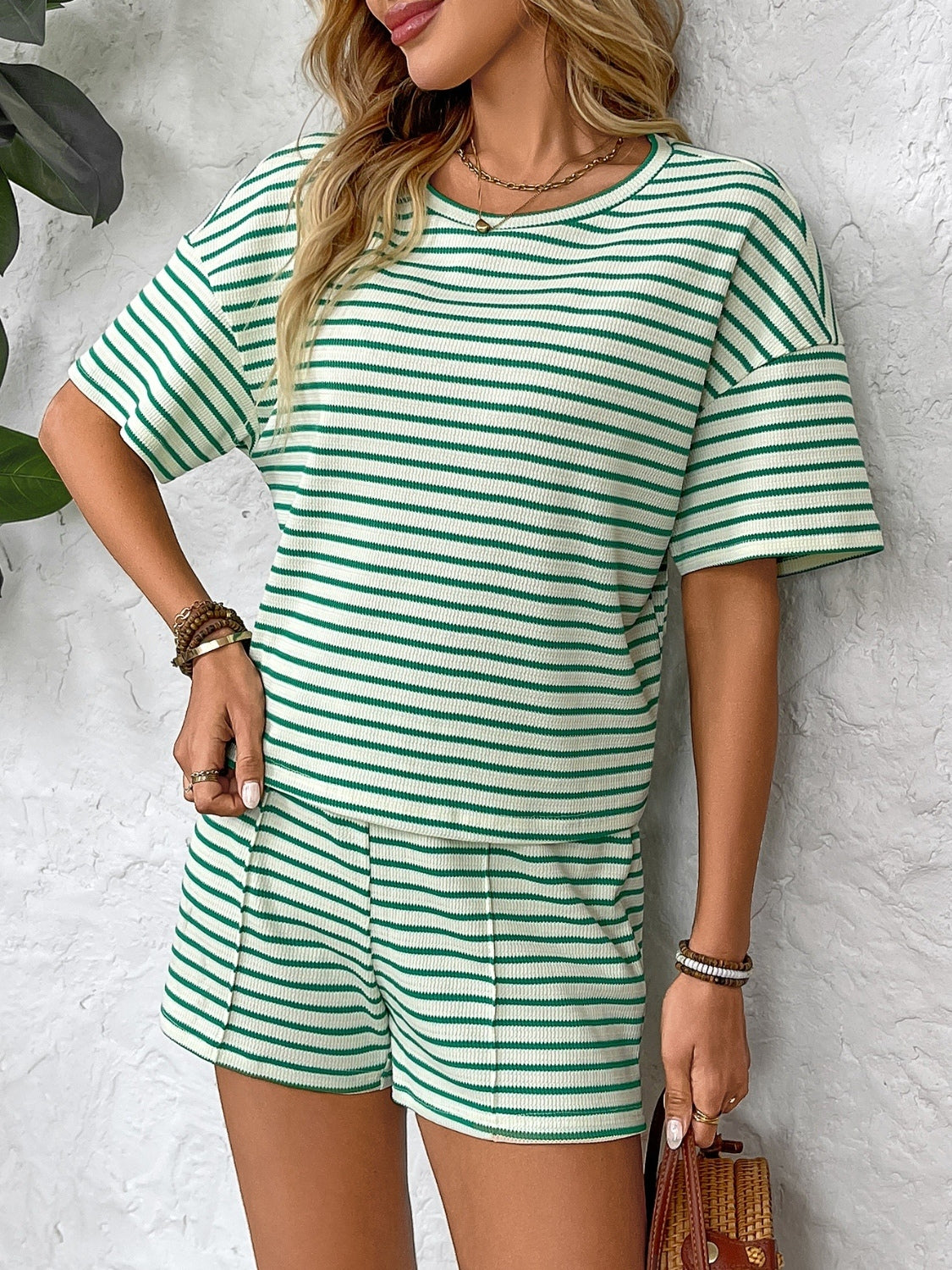 Striped Round Neck Short Sleeve Top and Shorts Set Secondary image
