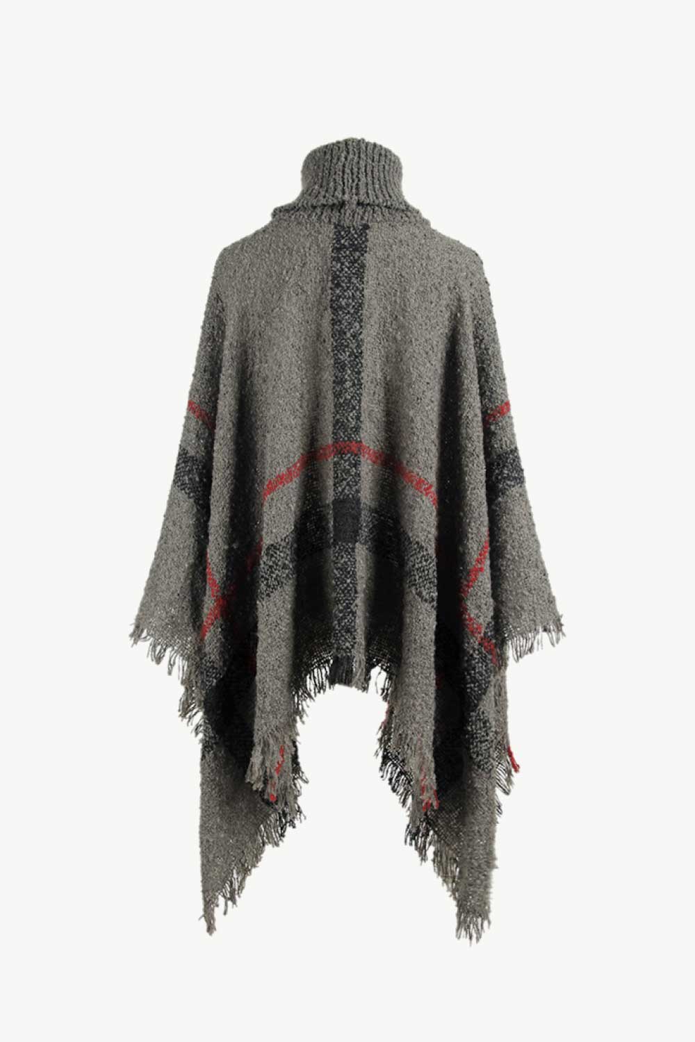 Plaid Turtleneck Raw Hem Poncho - felvior