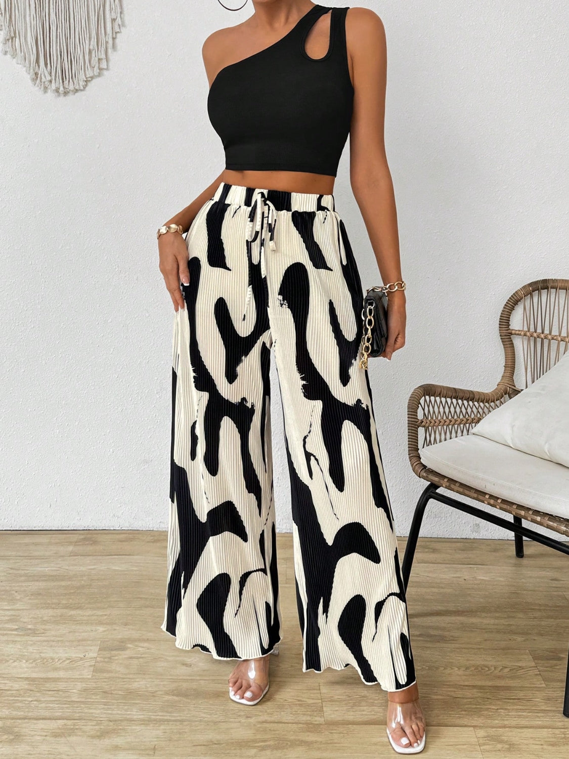 Cutout One Shoulder Top and Printed Pants Set - felvior