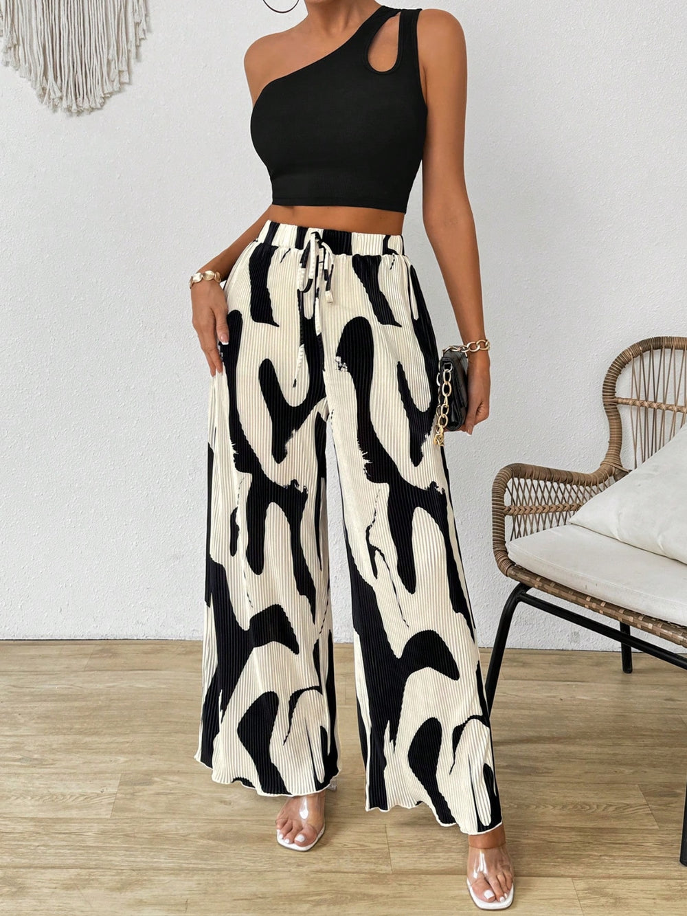 Cutout One Shoulder Top and Printed Pants Set