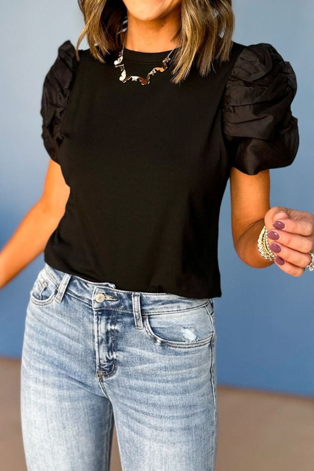 Ruched Puff Sleeve Crew Neck T-Shirt