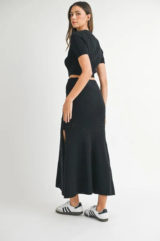 MABLE Pointelle Short Sleeve Crop Top and Slit Skirt Sweater Set - felvior