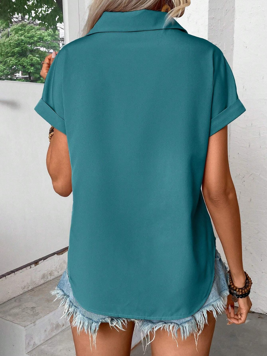 Pleated Detail Collared Neck Short Sleeve Shirt - felvior