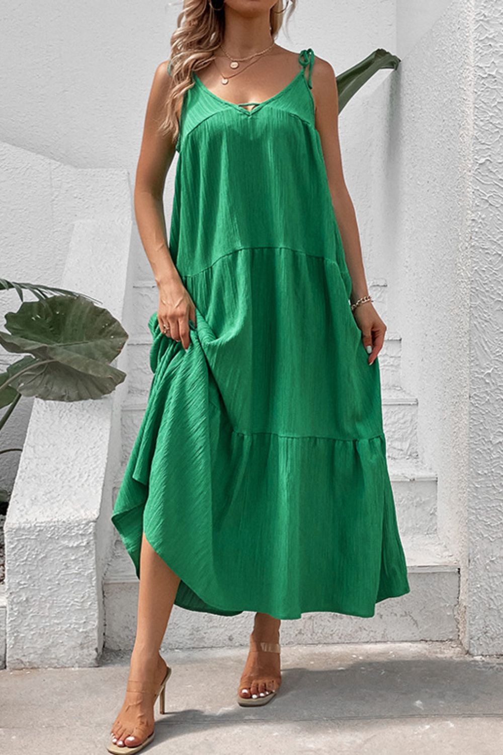 Perfee Tie-Shoulder Tiered Maxi Dress - felvior
