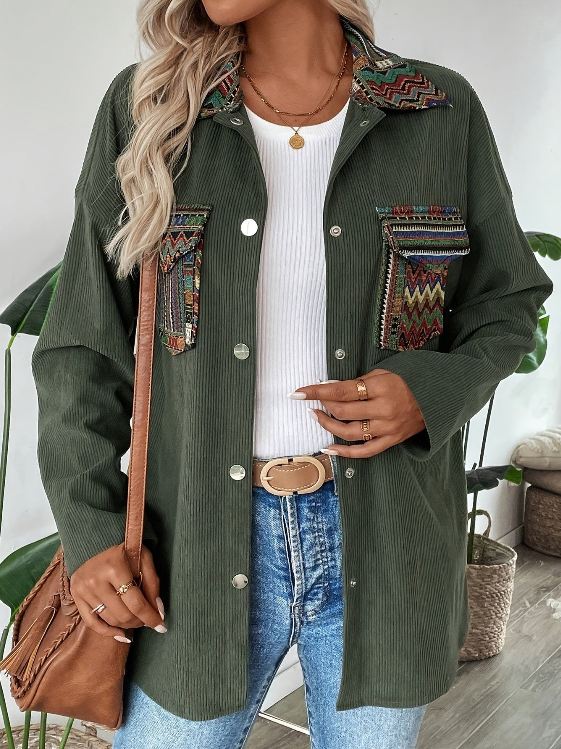 Snap Down Long Sleeve Jacket with Chest Pockets - felvior