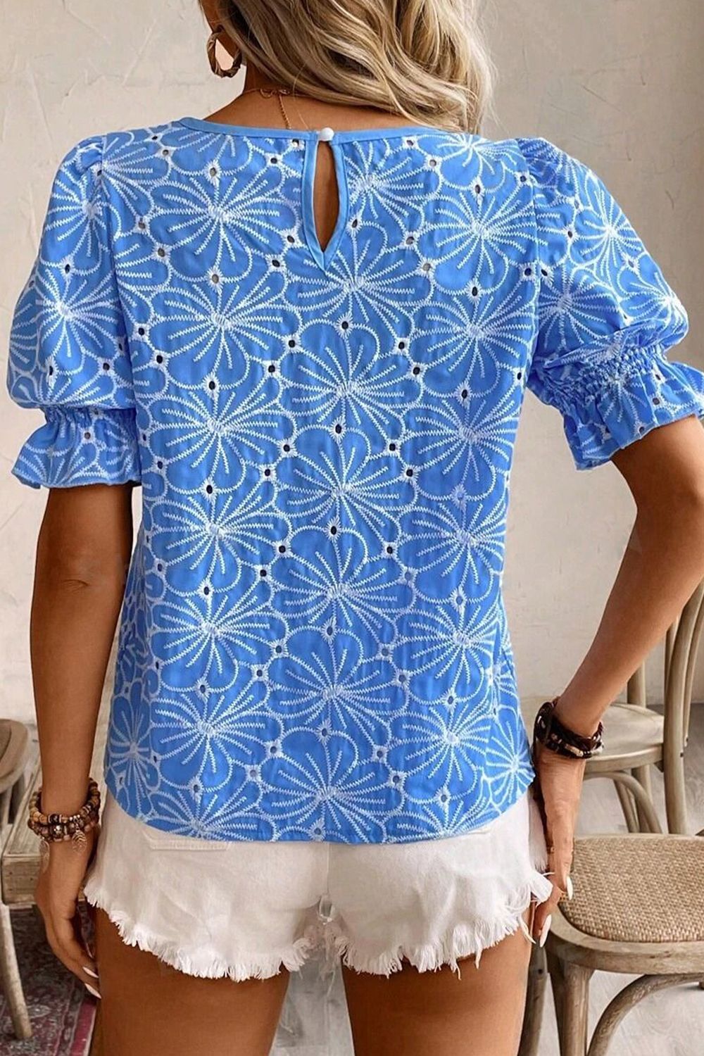 Eyelet Flower Embroidery Flounce Sleeve Blouse - felvior