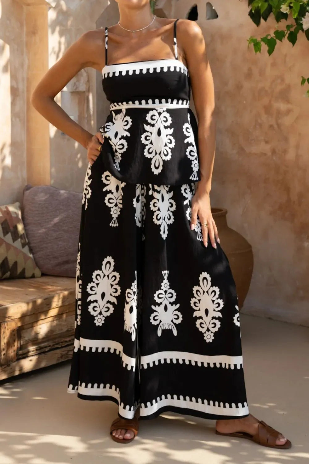 Printed Square Neck Cami and Wide Leg Pants Set - felvior