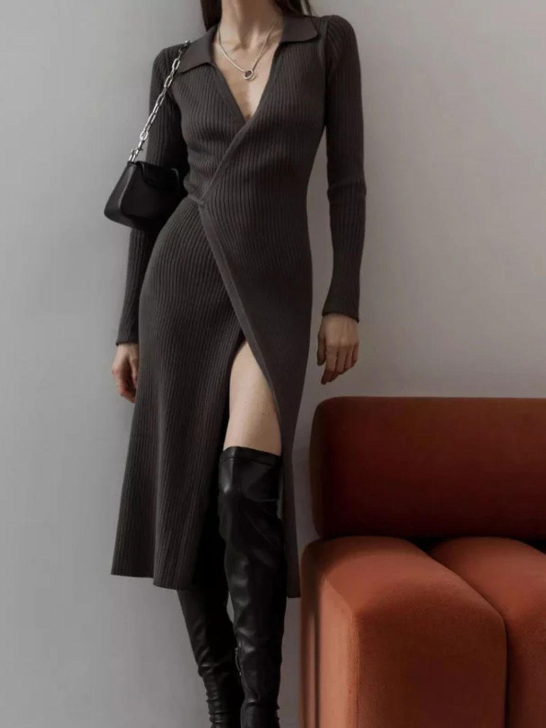 Tied Collared Neck Long Sleeve Sweater Dress - felvior