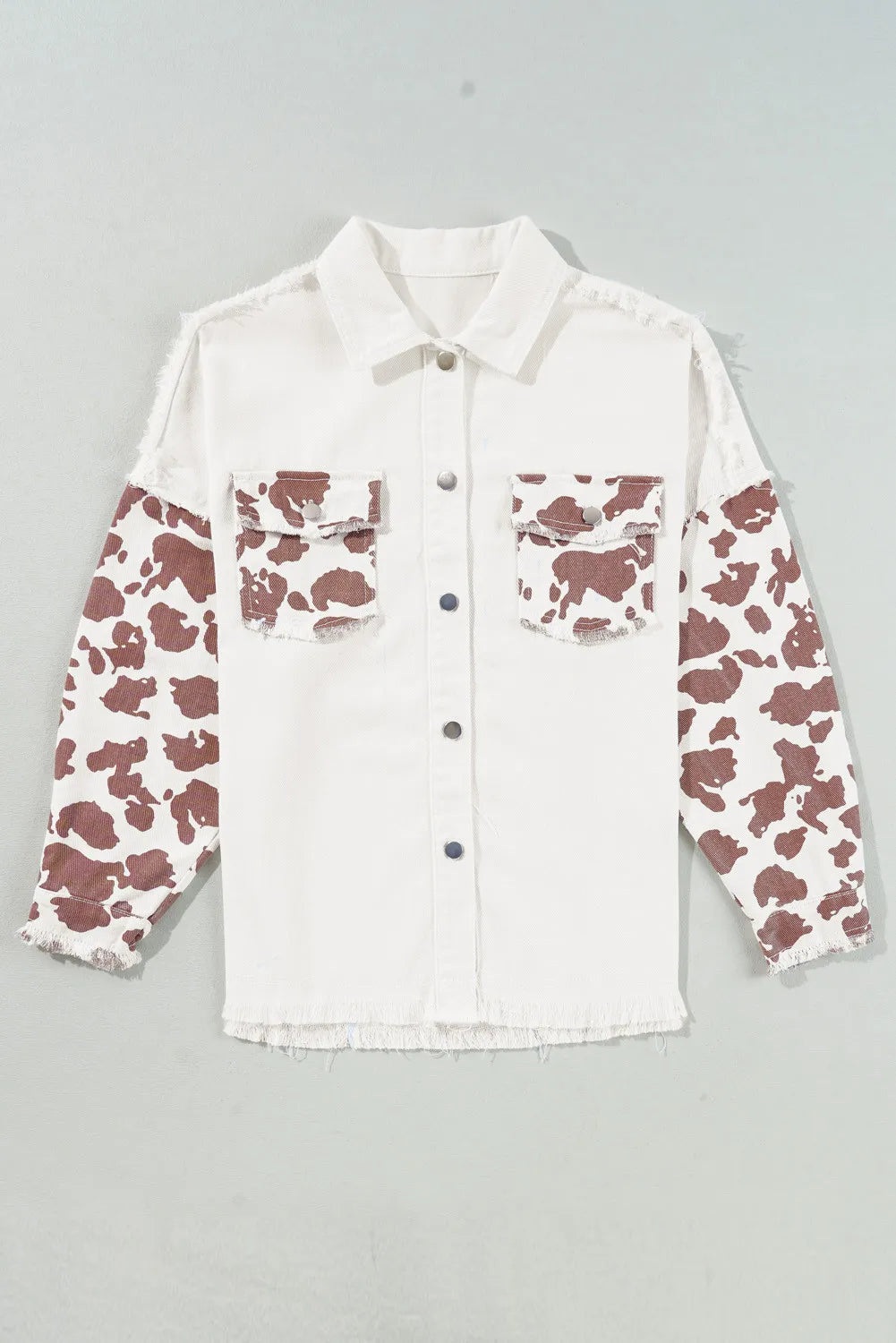 Raw Hem Animal Print Long Sleeve Denim Jacket - felvior