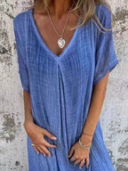 Full Size V-Neck Short Sleeve Midi Dress Plus Size