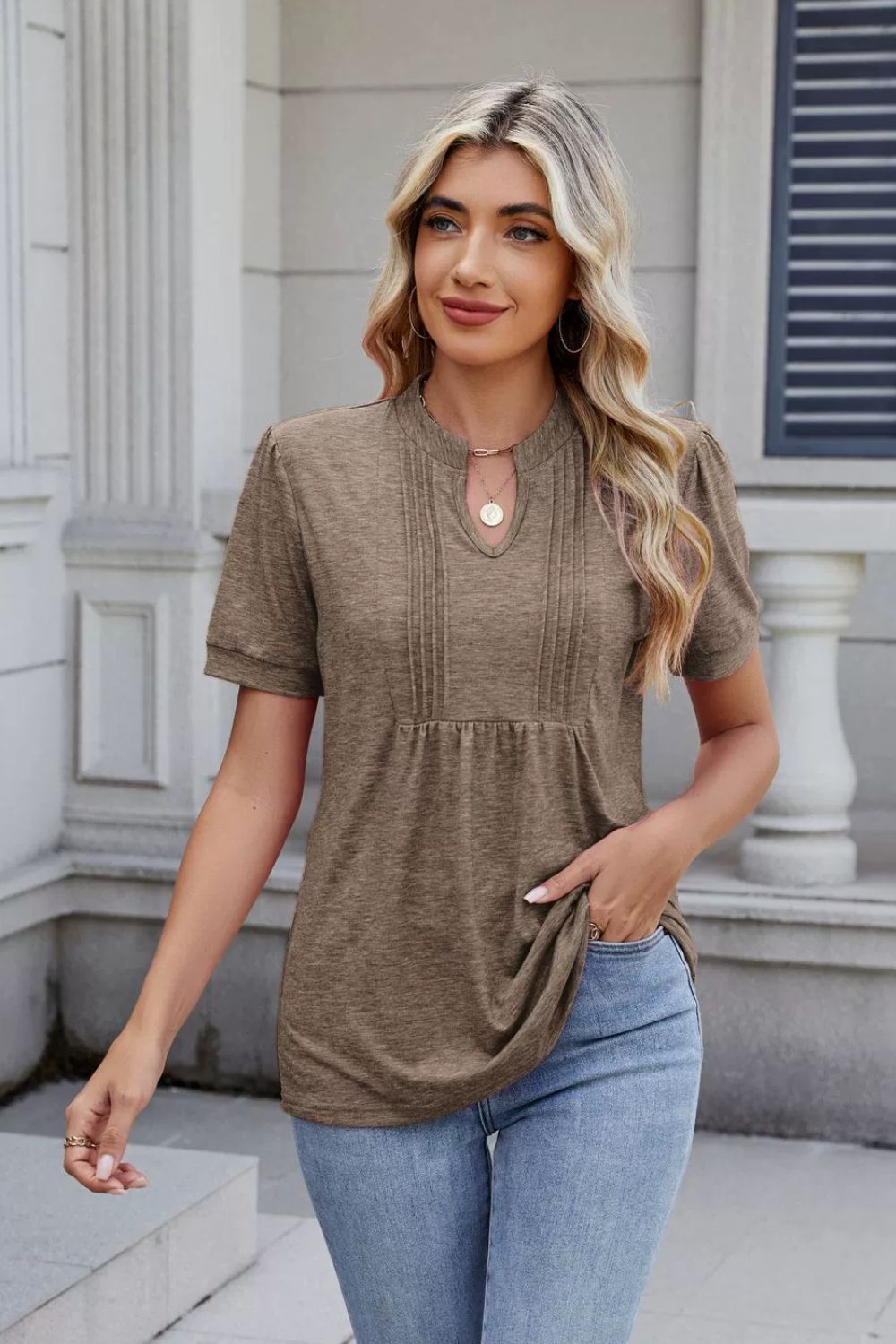 Notched Short Sleeve Top