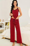 Plaid Lace Trim Cami and Drawstring Pants Pajama Set - felvior