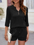 Textured Notched Top and Drawstring Shorts Set - felvior