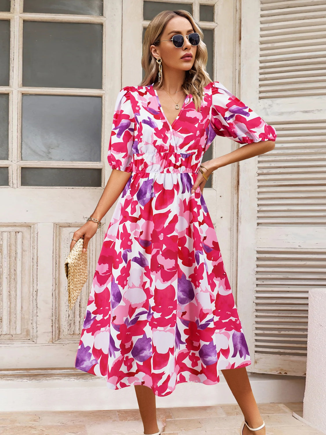 Ruched Printed Surplice Short Sleeve Dress - felvior