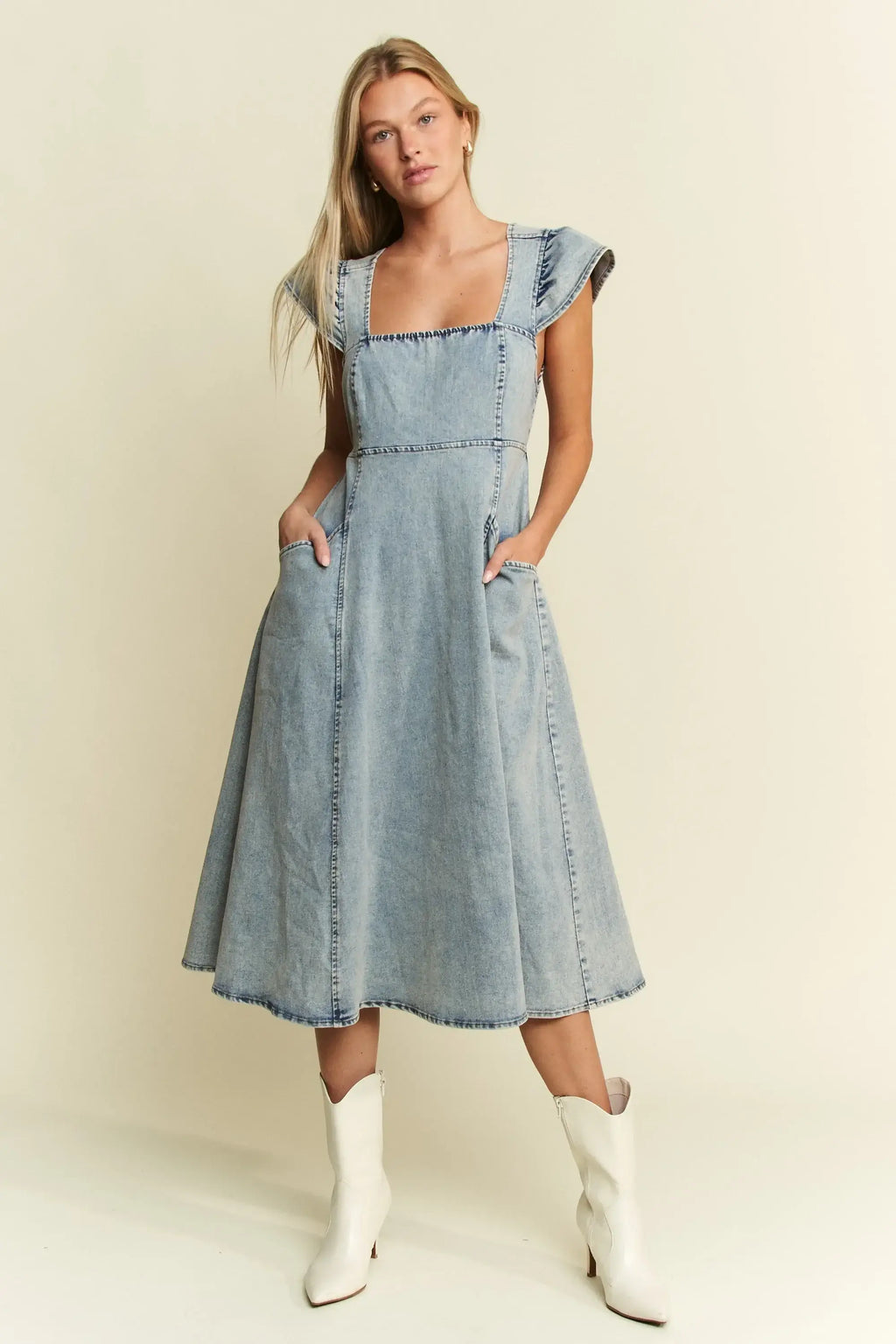 Jade By Jane Ruffled Denim Midi Dress - Plus Size Square Neck