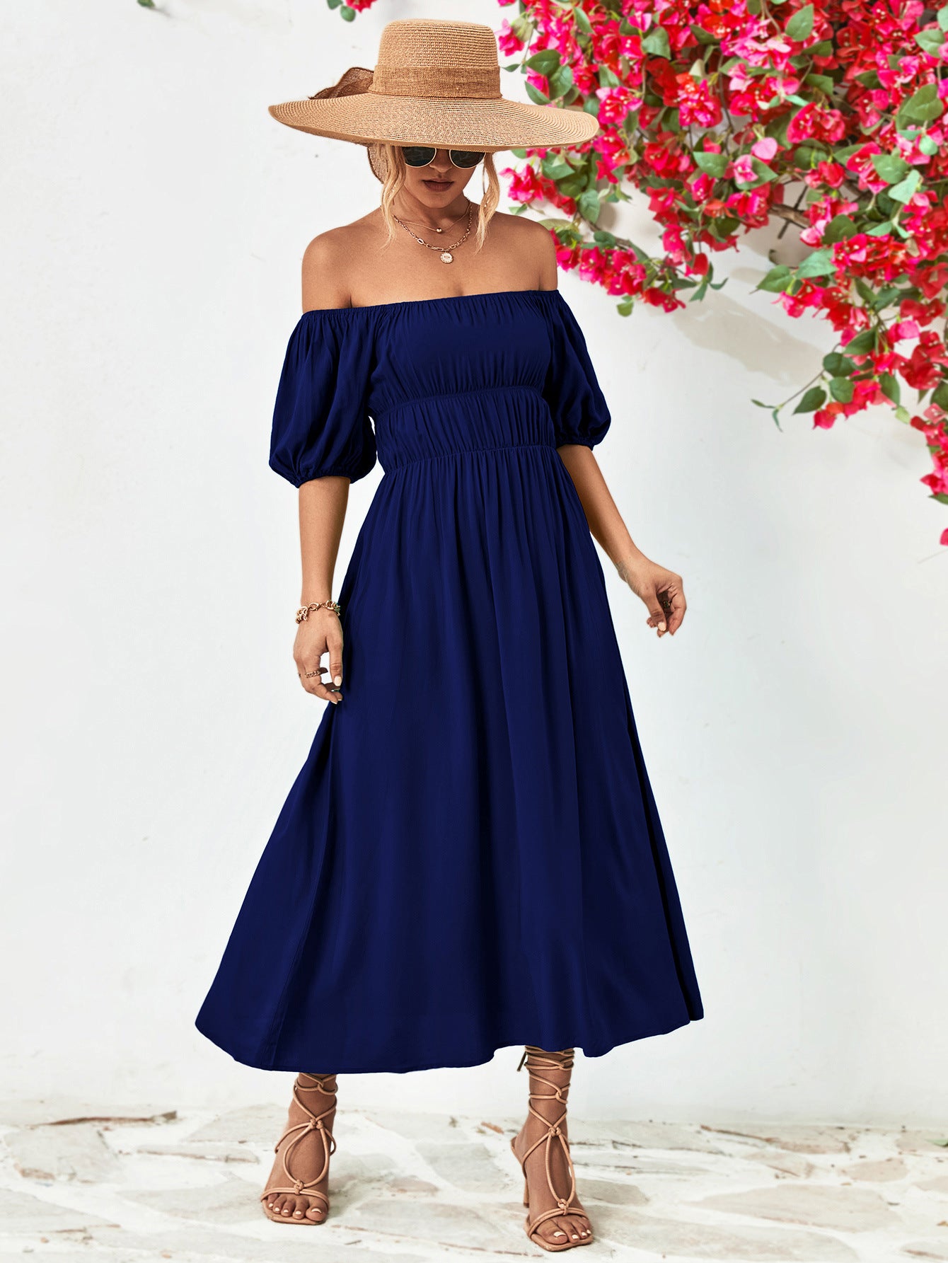 Off-Shoulder Balloon Sleeve Midi Dress - felvior
