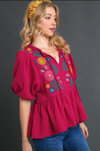 Umgee Full Size Cotton Gauze Floral Embroidery Babydoll Blouse Plus Size