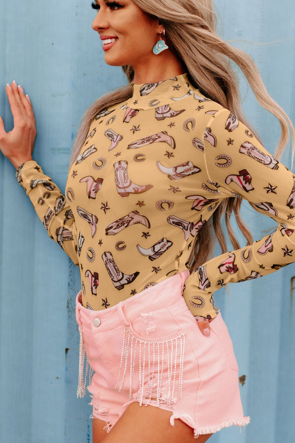 Printed Mock Neck Long Sleeve Bodysuit - felvior