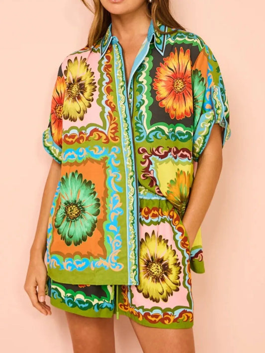 Printed Button Down Top and Drawstring Shorts Set - felvior