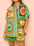 Printed Button Down Top and Drawstring Shorts Set - felvior
