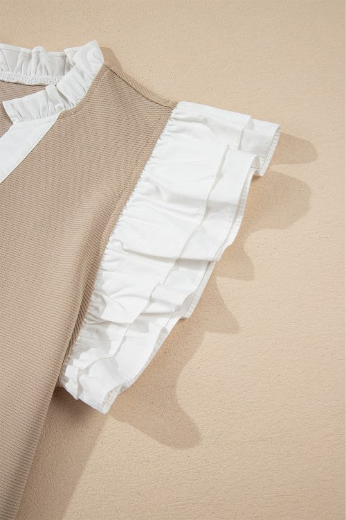 Ruffled Notched Cap Sleeve Top - felvior