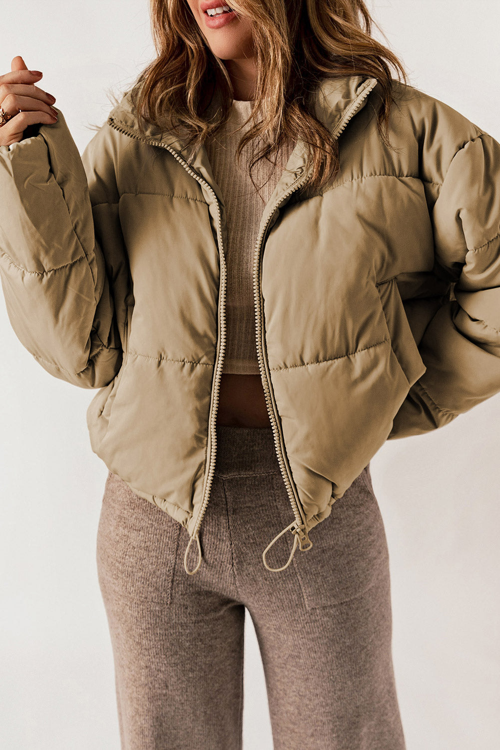 Zip Up Collared Neck Long Sleeve Winter Coat - felvior