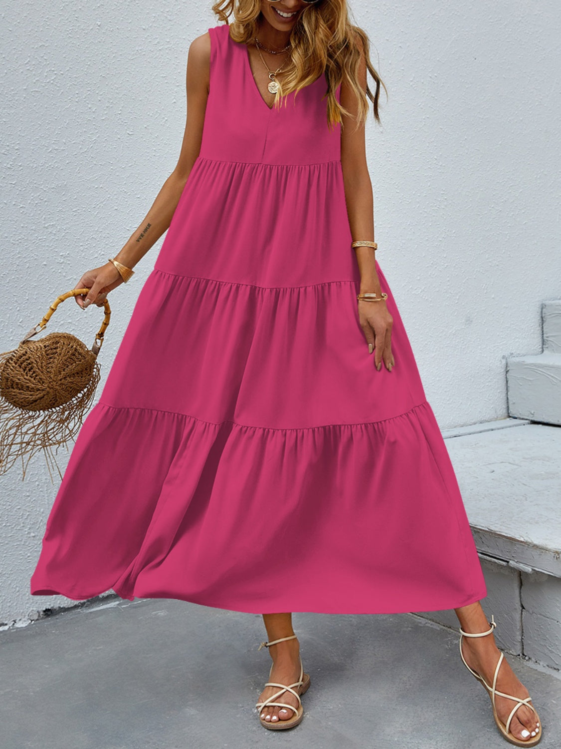 FAM-FAM Tiered V-Neck Sleeveless Dress - felvior