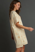 Umgee Full Size French Terry Short Sleeve Round Neck Dress Plus Size