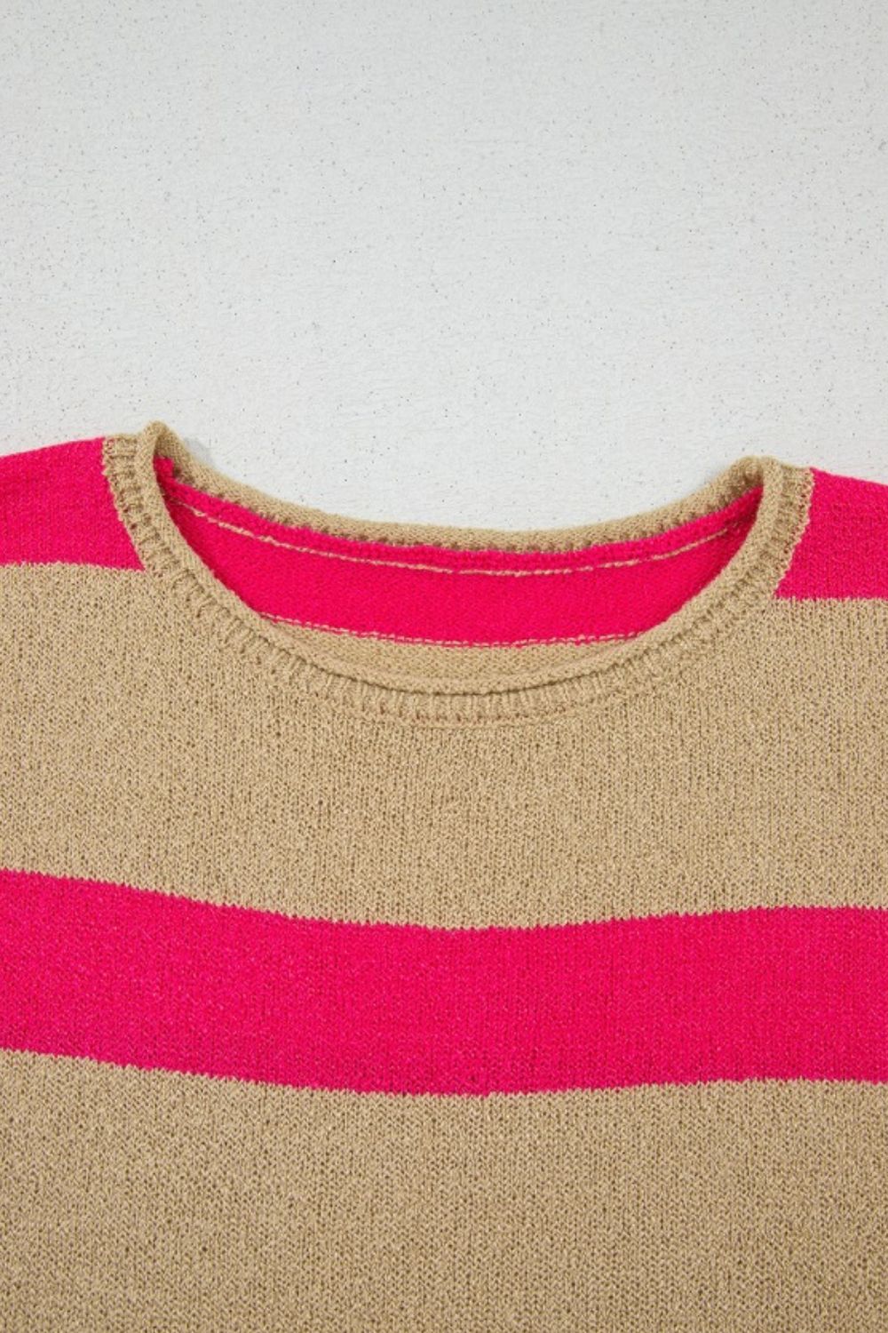 Contrast Striped Crew Neck Lightweight Knit Top - felvior