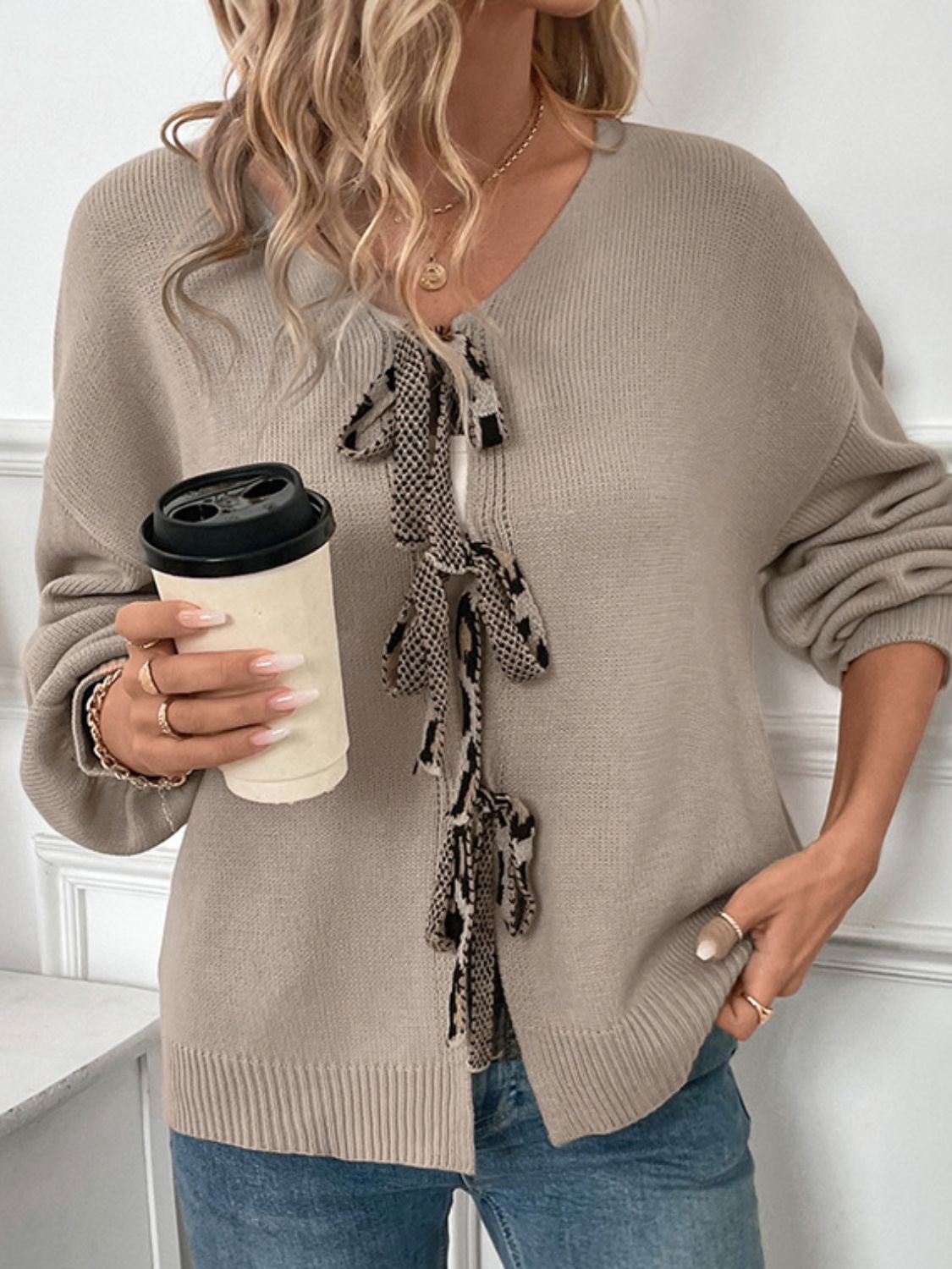 Perfee Tied Contrast Heart V-Neck Long Sleeve Cardigan - felvior